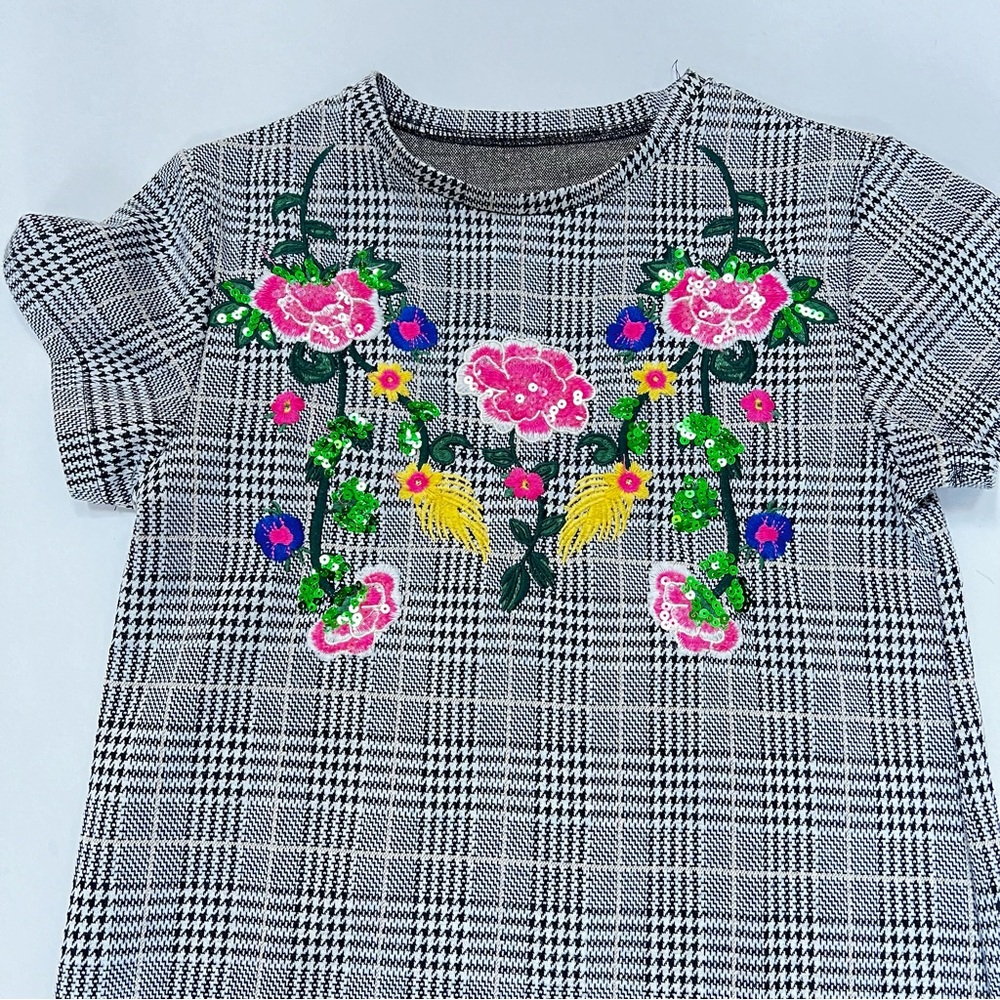 Zara Black and White Plaid Sheath Dress Short Sleeve Crew Neck Sequin Flowers - Picture 7 of 13